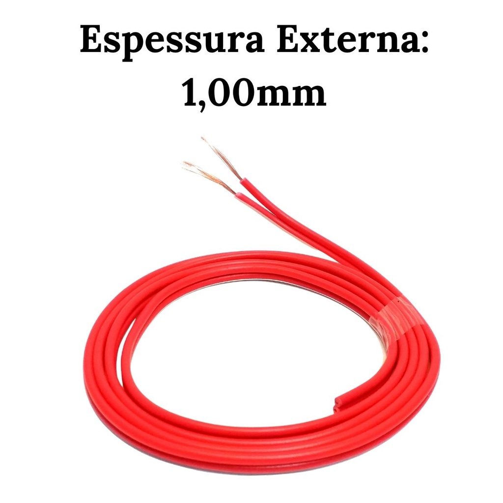 Fio Alto Falante Paralelo 2x1,00mm Vermelho Som Automotivo - 15 Metros Instalação Carro Flexível Cabo 1mm