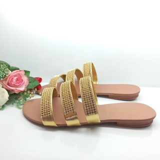 sandalia feminina daleia fashion confortável rasterinha tiras com manta de strass ouro sempre na moda