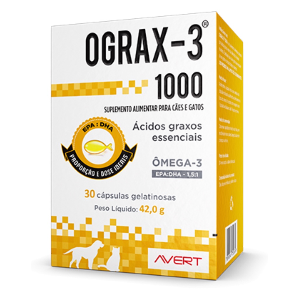 Ograx-3 1000 Ômega 3 Para Cachorros e Gatos 30 Cápsulas Ácidos Graxos Essenciais - Pets