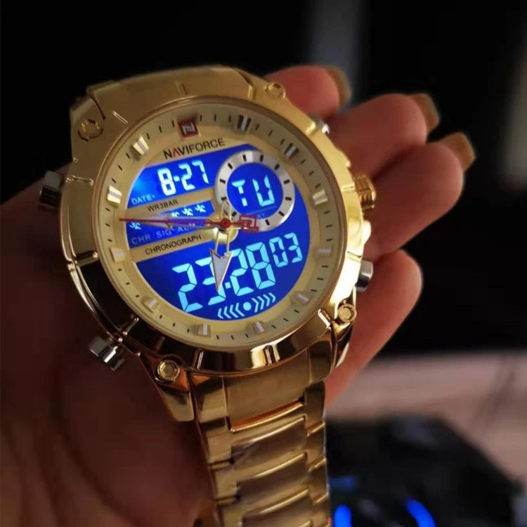 Relógio de Pulso NAVIFORCE 9163 Dourado Digital/Analógico à Prova d'Água Masculino