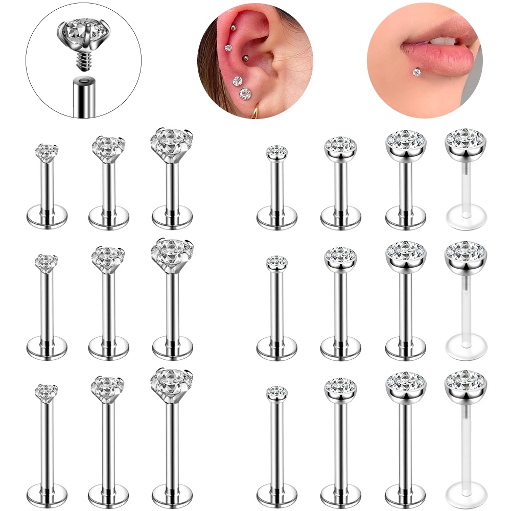 1 Peça Piercing Labial De Aço Inoxidável Brilhante Cristal Labret Com Zircônia Redonda Para Cartilagem