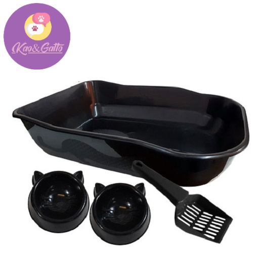 kit de Bandeja Para Gatos Preto Durapets +1 Pá +2comedouros