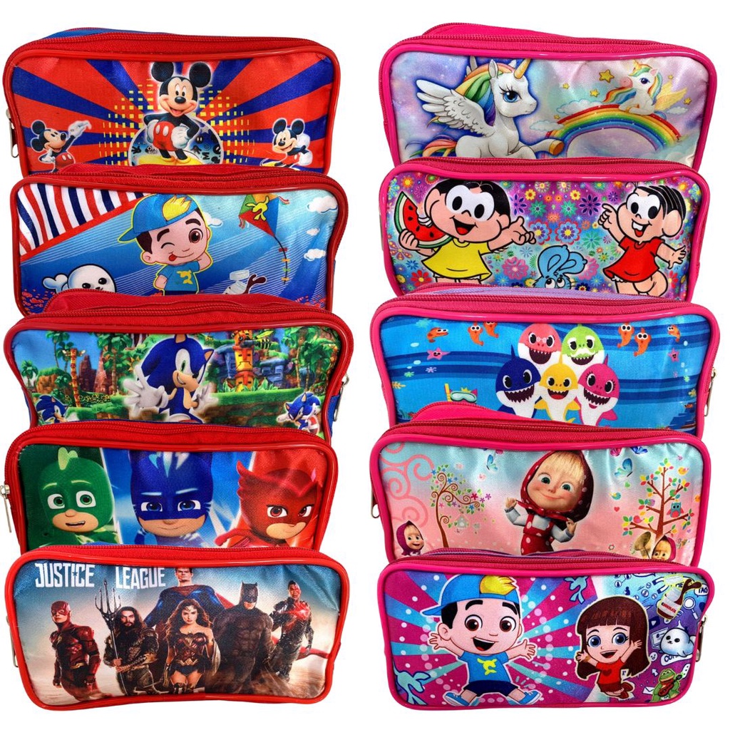 Estojo Escolar Duplo 60 Personagens Diferentes 2 Divisórias Menino Menina