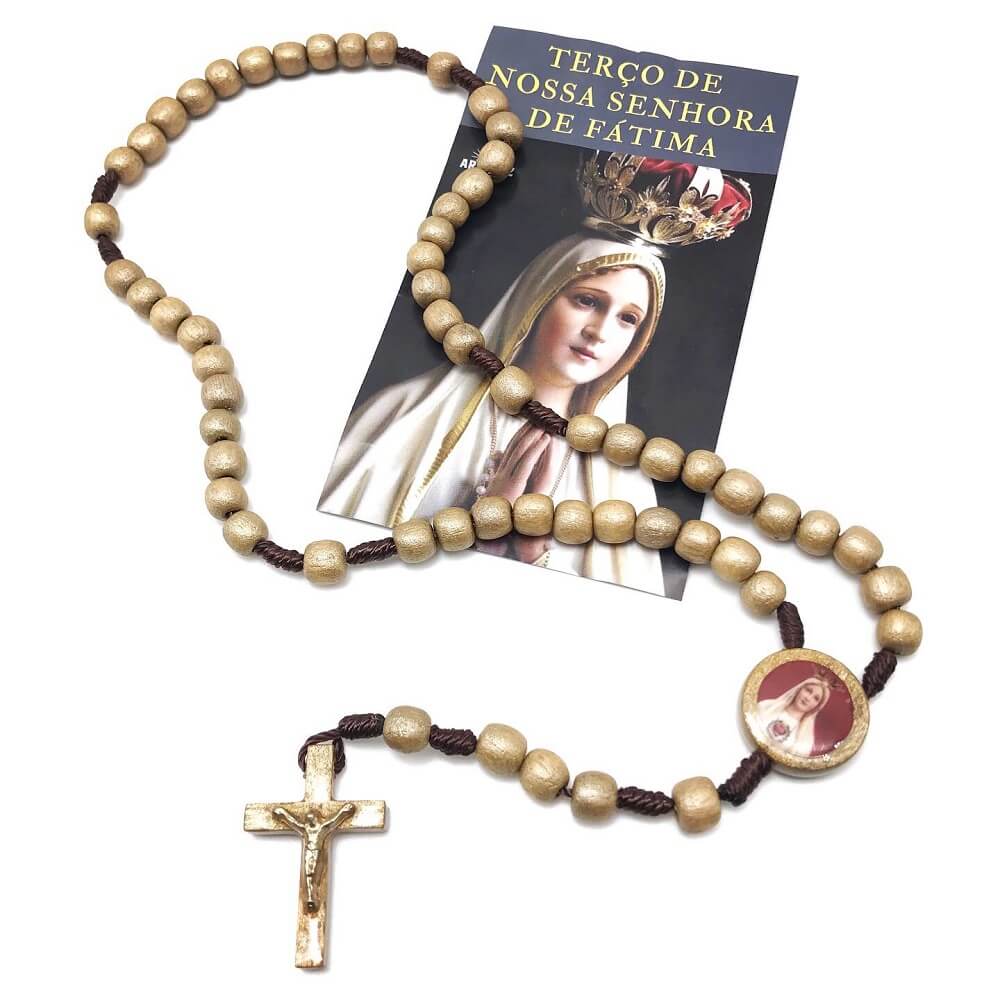 Terço de Madeira Nossa Senhora de Fátima Dourado com Folheto