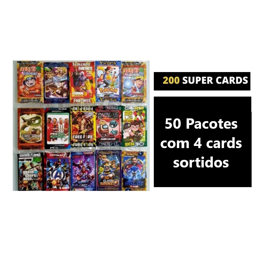 Kit 200 Cards Cartinhas Promoção = 50 Pacotes Cards Coleção Pokemon Yugioh Naruto GTA Free Fire