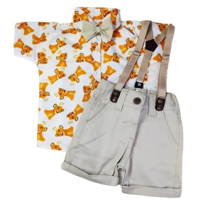 REI LEÃO ESTAMPADO Kit Conjunto Infantil Menino 4 Peças Camisa Gravata Bermuda e Suspensório Aniversário Mesversário ROUPA REI LEÃO