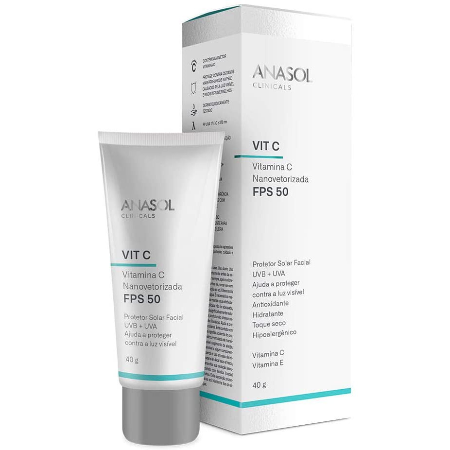Protetor Solar Facial Anasol Clinicals FPS 50 Vegano com Vitamina C 40g em Oferta na Shopee