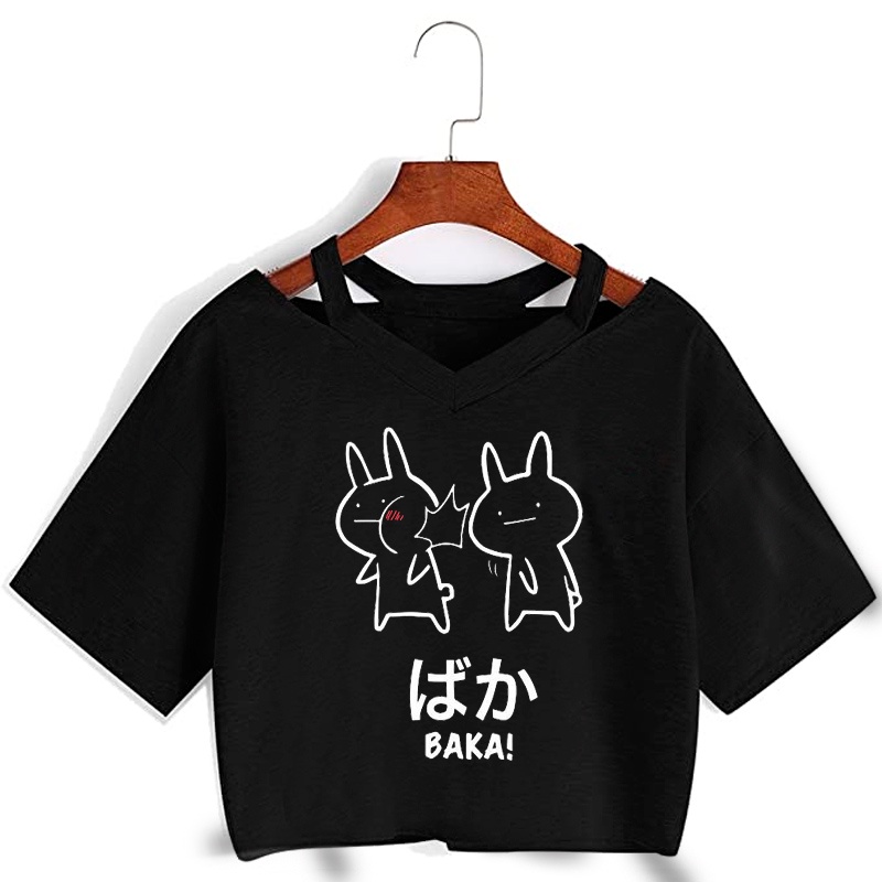 Cropped Blusinha T-shirt Gola V Detalhe Alça - COELHOS BAKA - Moda Alternativa Y2K Streetwear Blogueira Viral em Oferta na Shopee