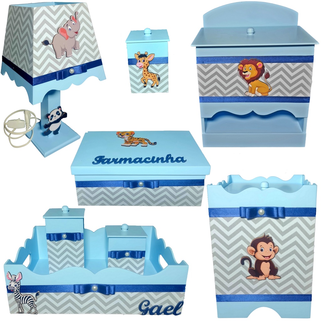 Kit safari Higiene Bebê MDF madeira + Nome selva Azul Bb Chevron cinza