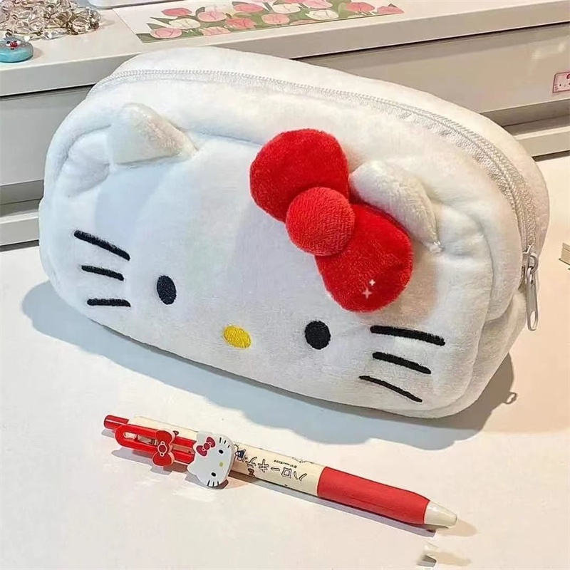 Sanrioed Hello Kitty Estojo De Lápis De Pelúcia My Melody Cinnamoroll Purin Saco De Armazenamento De Desenhos Animados Grande Capacidade Maquiagem Papelaria Presente