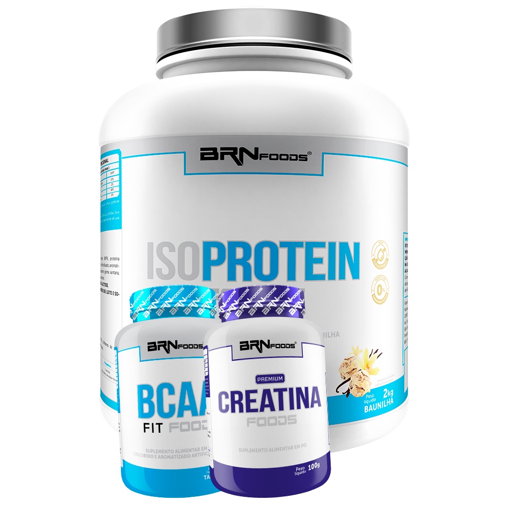 Kit Whey Protein Iso Protein Foods 2kg + BCAA 100g + Premium Creatina Foods 100g – BRNFOODS