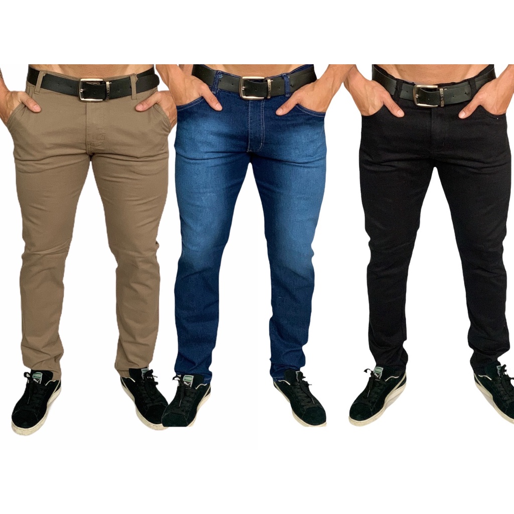 Kit 3 Calça Masculina Coloridas Sarja Jeans Slim - Escorrega o Preço