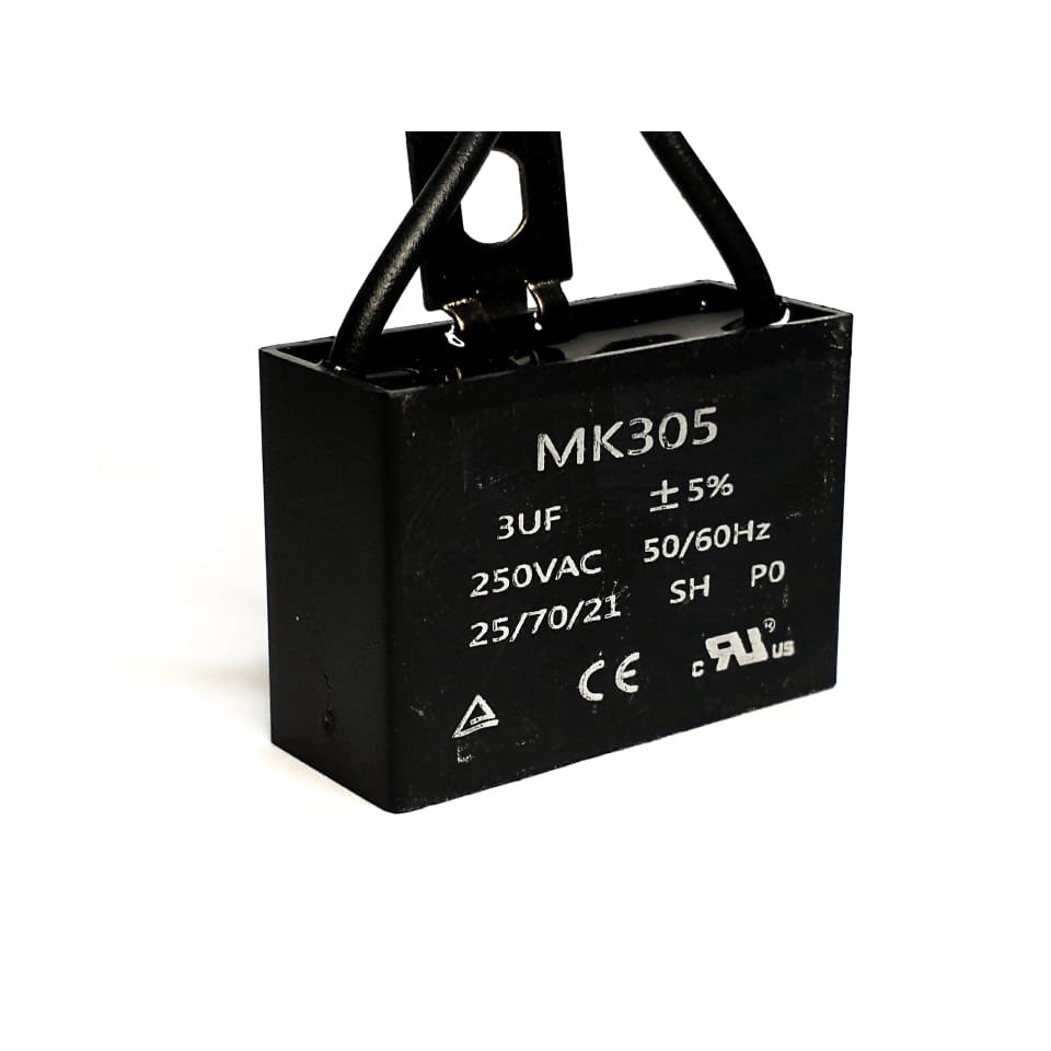 Capacitor polipropileno p/ ventilador MK305 3uf x 250vac 25/70/21 com 2 fios Mondial, mallory e outros