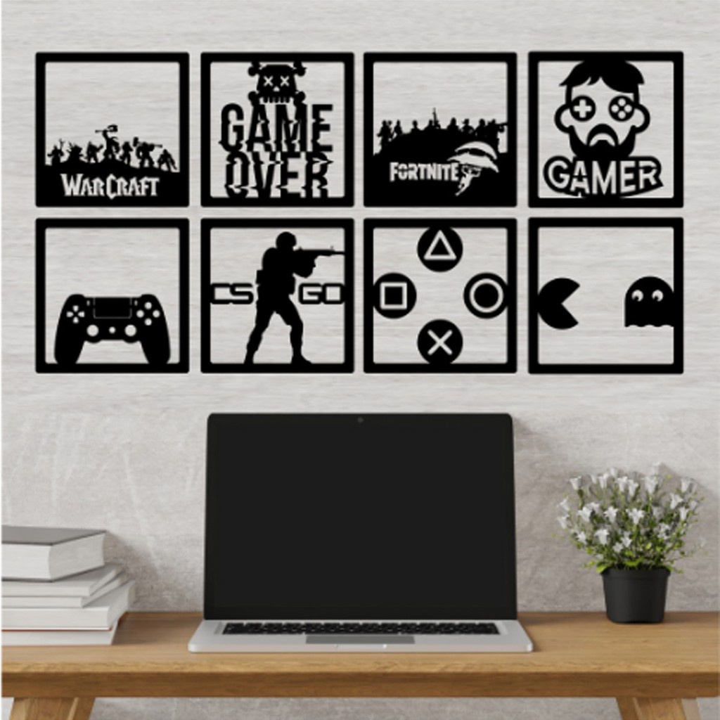 Kit 8 Quadros Vazados Gamer Jogos Geek Xbox Play Mdf Decorativo