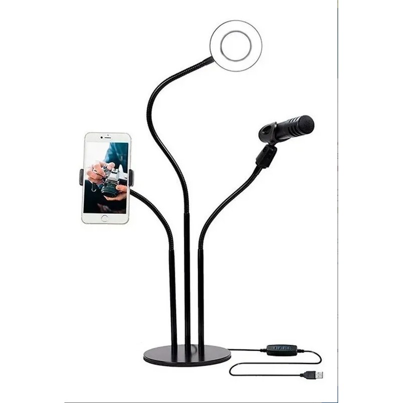 Ring Light Iluminador Led 3 Em 1 Led E Suporte de Celular e Suporte de Microfone Aulas Live Stream Youtuber Foto