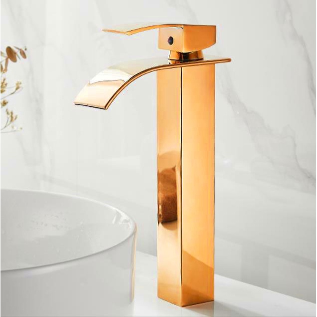 Torneira Banheiro Pia Cuba Lavabo Misturador Monocomando Quadrada Cascata Alta 103-04LR Rosa Gold