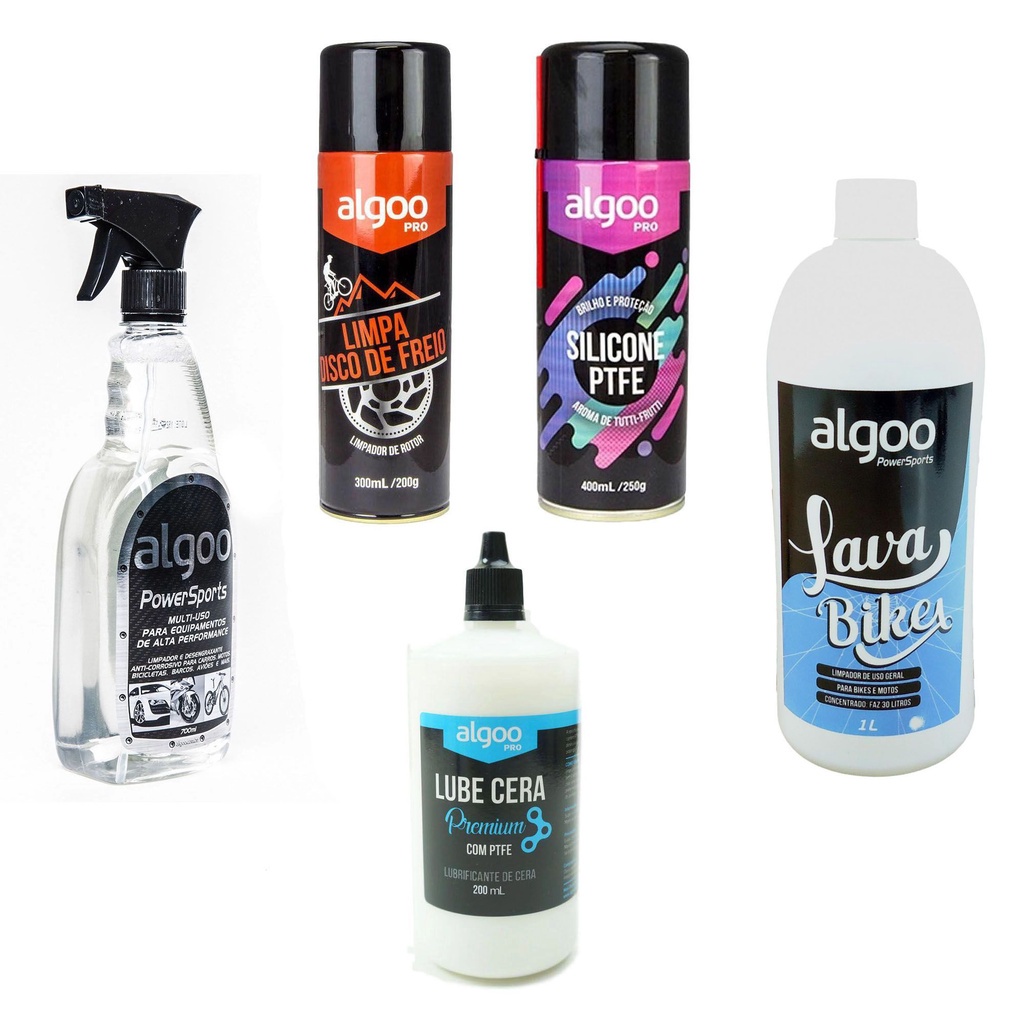 Kit De Limpeza Algoo Para Bikes Com Desengraxante Silicone Lubricante Limpa Disco E Shampoo Lava