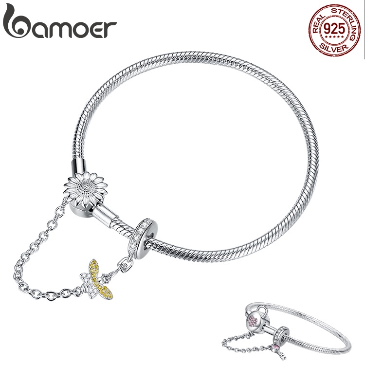Bamoer 925 Pulseira De Prata Com Chave De Coração E Crisântemo Corrente De Segurança Acessórios De Jóias De Luxo Para As Mulheres