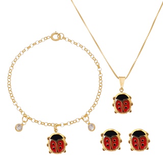 Conjunto Infantil Kit Colar Brincos e Pulseira Banhado com Garantia e Antialérgico Joaninha