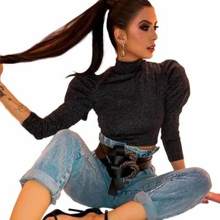 Cropped Blusa Manga Longa Bufante Princesa Lurex Brilho