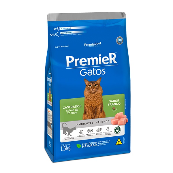 Ração Premier Ambientes Internos para Gatos Castrados 12+ anos de idade - 1,5Kg