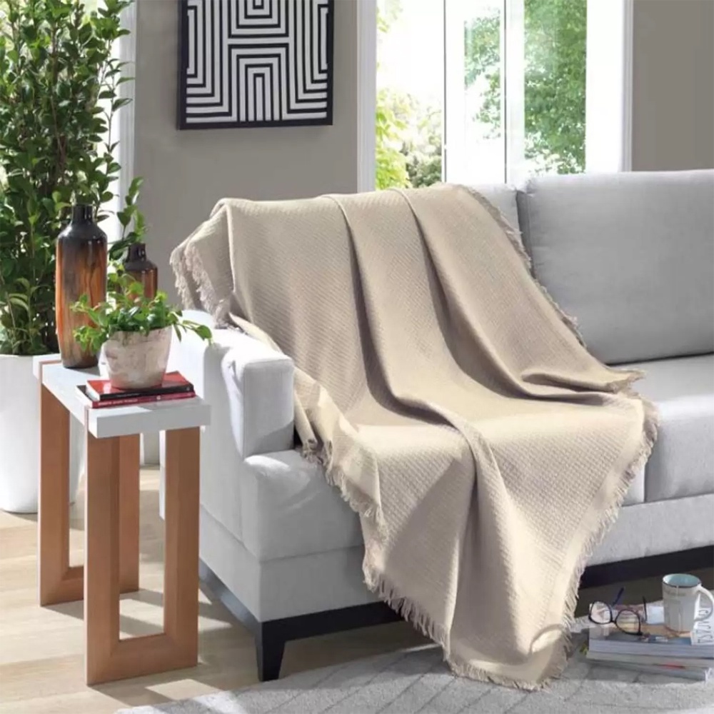 Manta Decorativa para Sofá 100% Algodão 1,50 x 2,10 Grande com Franjas Marrocos Dohler