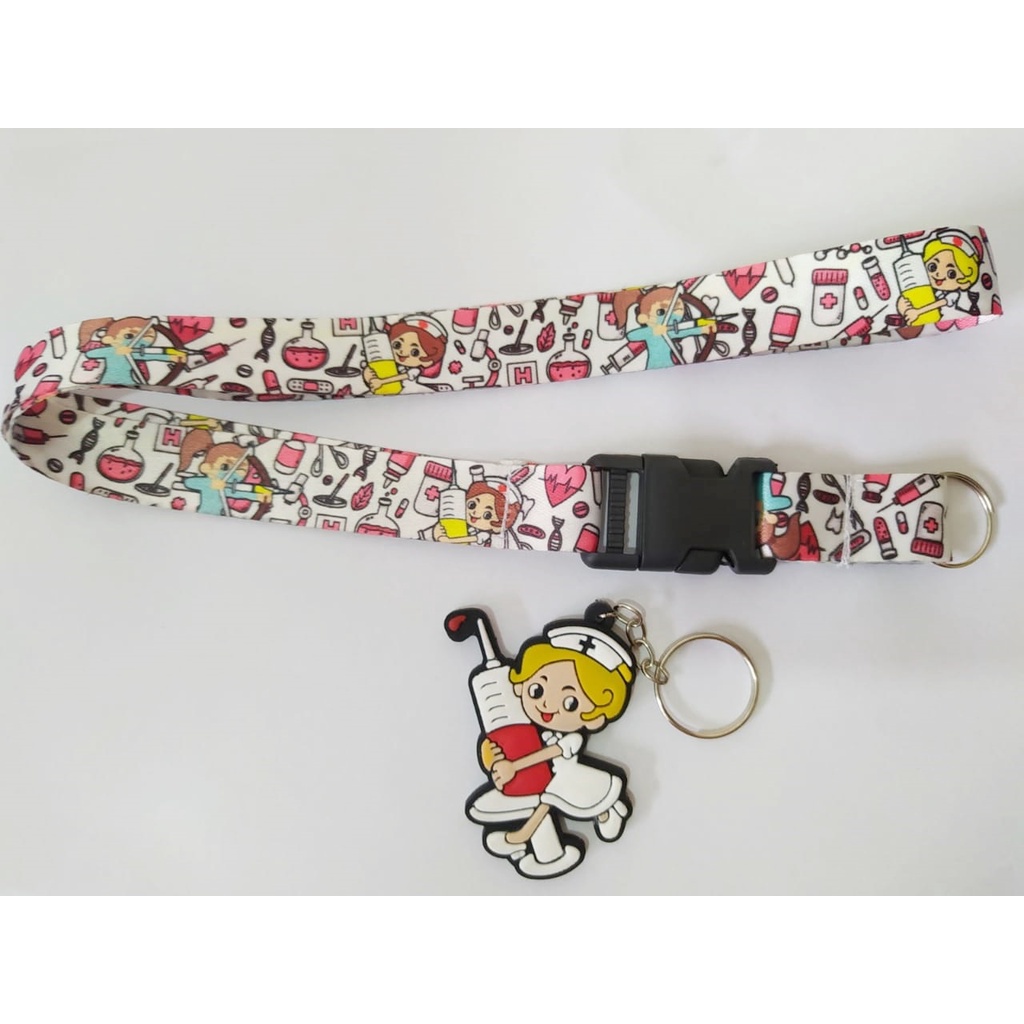Kit Chaveiro Cordão Moto Fecho Engate Rápido Enfermeira + Chaveiro Emborrachado Alto Relevo Cute Enfermeira