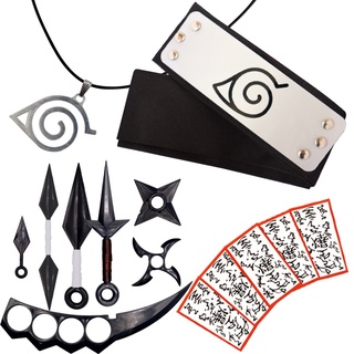 Bandana Naruto + Colar Aldeia Folha + 5 Kunais + 2 Shurikens