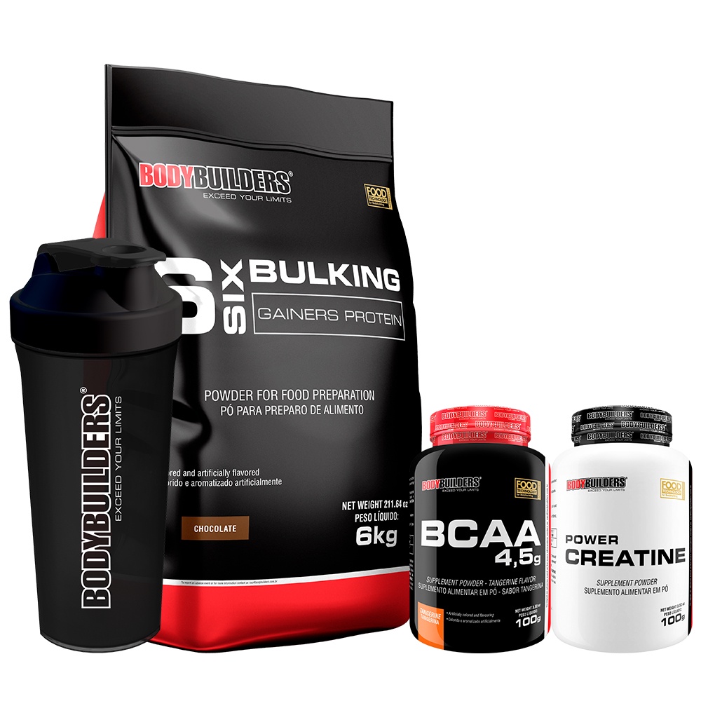 Super Kit Massa Hipercalórica 6 Six Bulking 6kg + Creatina 100g + BCAA 100g + Shaker - Bodybuilders