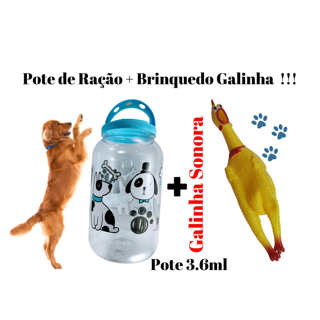 KIT Pote Porta Ração 3.6 + Brinquedo Galinha Sonora, Cachorros  Cães Gato gatos Com Alça - Para Armazenar Ração do seu PET, acessorios essenciais para seu animal, cachorro caes, filhote, filhotes TOP DOG SHOP