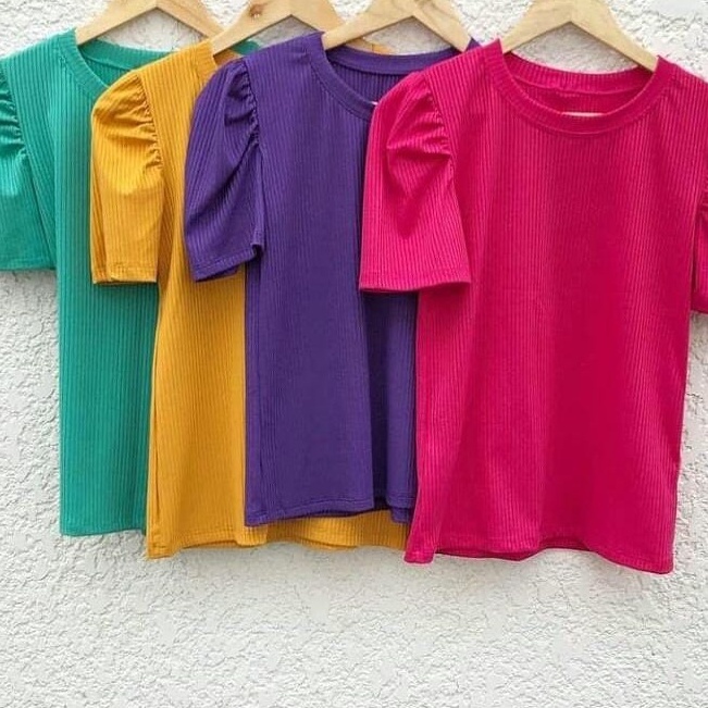 Blusa manga curta feminina manga princesa malha canelada com elastano gola redonda