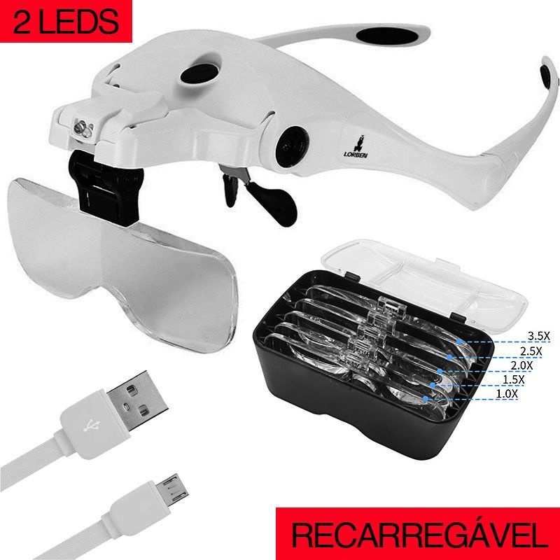 Oculos Lupa Ajustável 2 Leds Recarregável 5 Lentes Profissional Lorben
