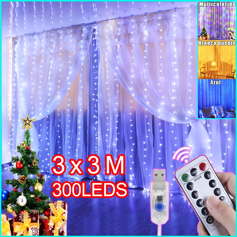 3Mx3M 300 LED Cortina luz cortina romântica para casamento de natal ao ar  livre Cortina Led Luzes Pisca Cascata Decoração Janela - Desconto no Preço