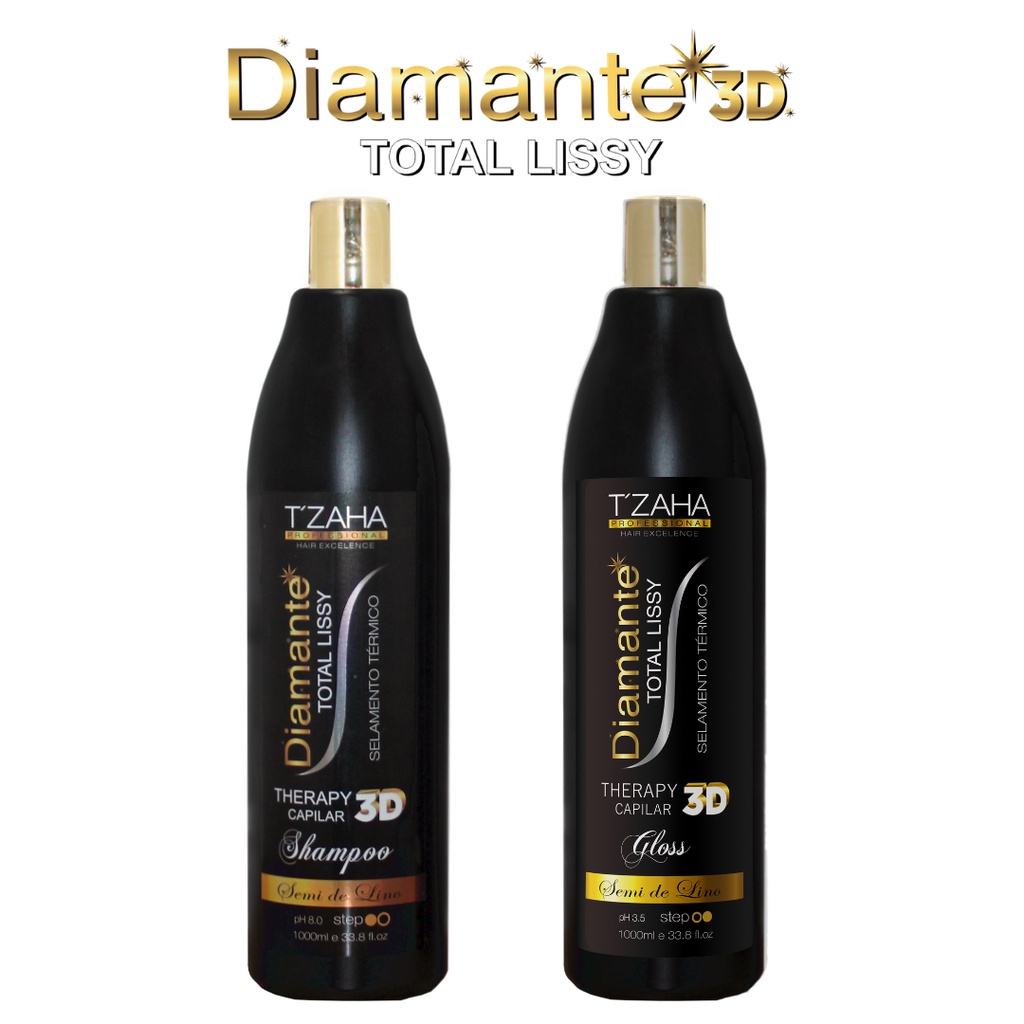 escova progressiva diamante 3d tzaha liso dos seus sonhos kit com shampoo e glós selante 2x1000ml alisamento definitivo