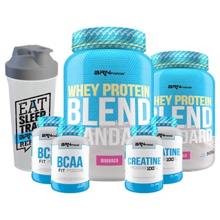 Kit 2x Whey Protein Blend Standard 900g + 2x Creatina 100% Pura 100g + 2x BCAA 100g + Coqueteleira 600ml - BRN FOODS