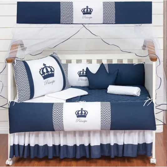 kit jogo protetor de berço coroa menino 12 peças com cortina e duas laterais azul marinho