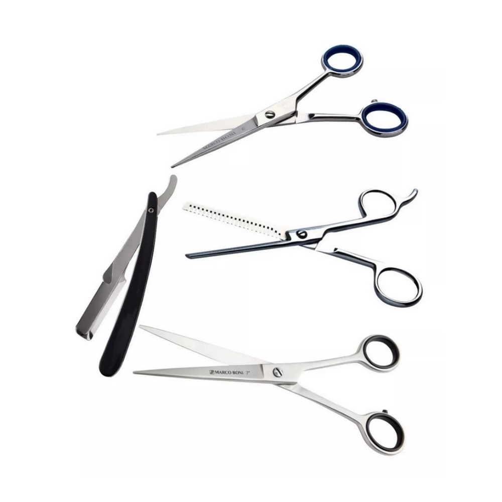 Combo 3 Tesoura Fio Laser 7" Liso 6" Desfiadeira 6"  Navalhete  Marco Boni