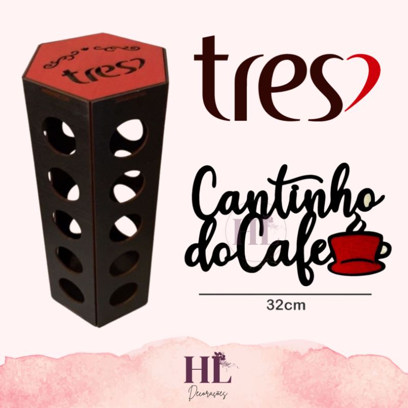 Porta Cápsulas TRÊS CORAÇÕES + FRASE cor PRETO e tampa VERMELHA café torre sextavada 3 corações mdf 30 cápsulas + Frase