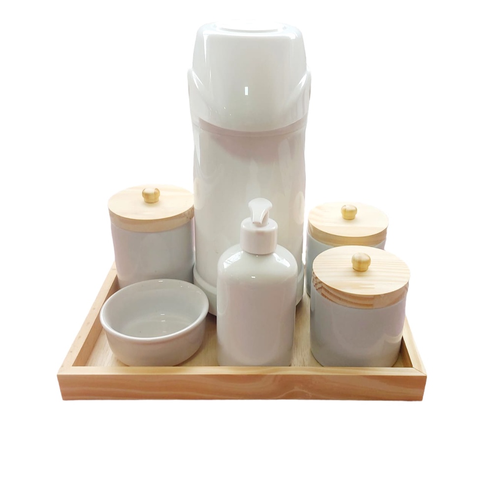Kit Higiene Porcelana Bebê Bandeja Pinus Fundo MDF Garrafa Térmica Grande,Potes,Saboneteira e Molhadeira,Pino Puxador. em Oferta na Shopee