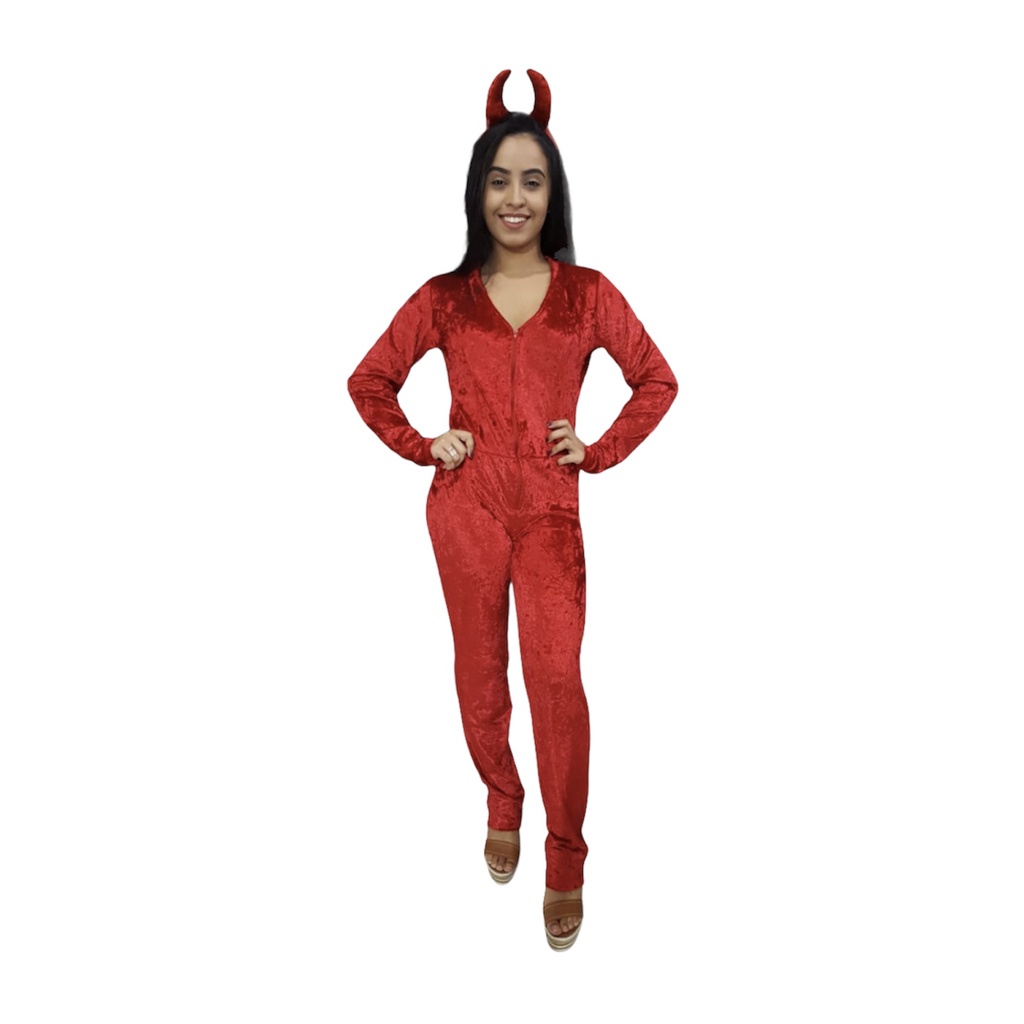 Fantasia Halloween Diabinha Adulto Diaba Veludo Feminina Carnaval Halloween Dia das Bruxas Noite do Terror Zumbi