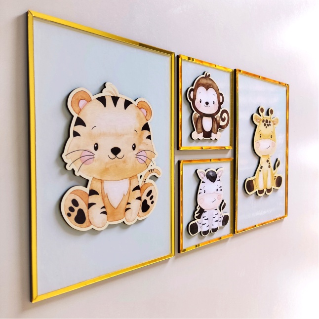 Quadro Decorativo Infantil Safari Baby Animaizinhos Kit 4 Peças Com Imagens em 3D Alto rel...