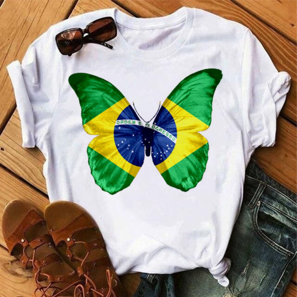 TSHIRT,Camiseta feminina, blusa Brasil, borboleta, leão, Jesus, Patriota,, copa em Oferta na Shopee