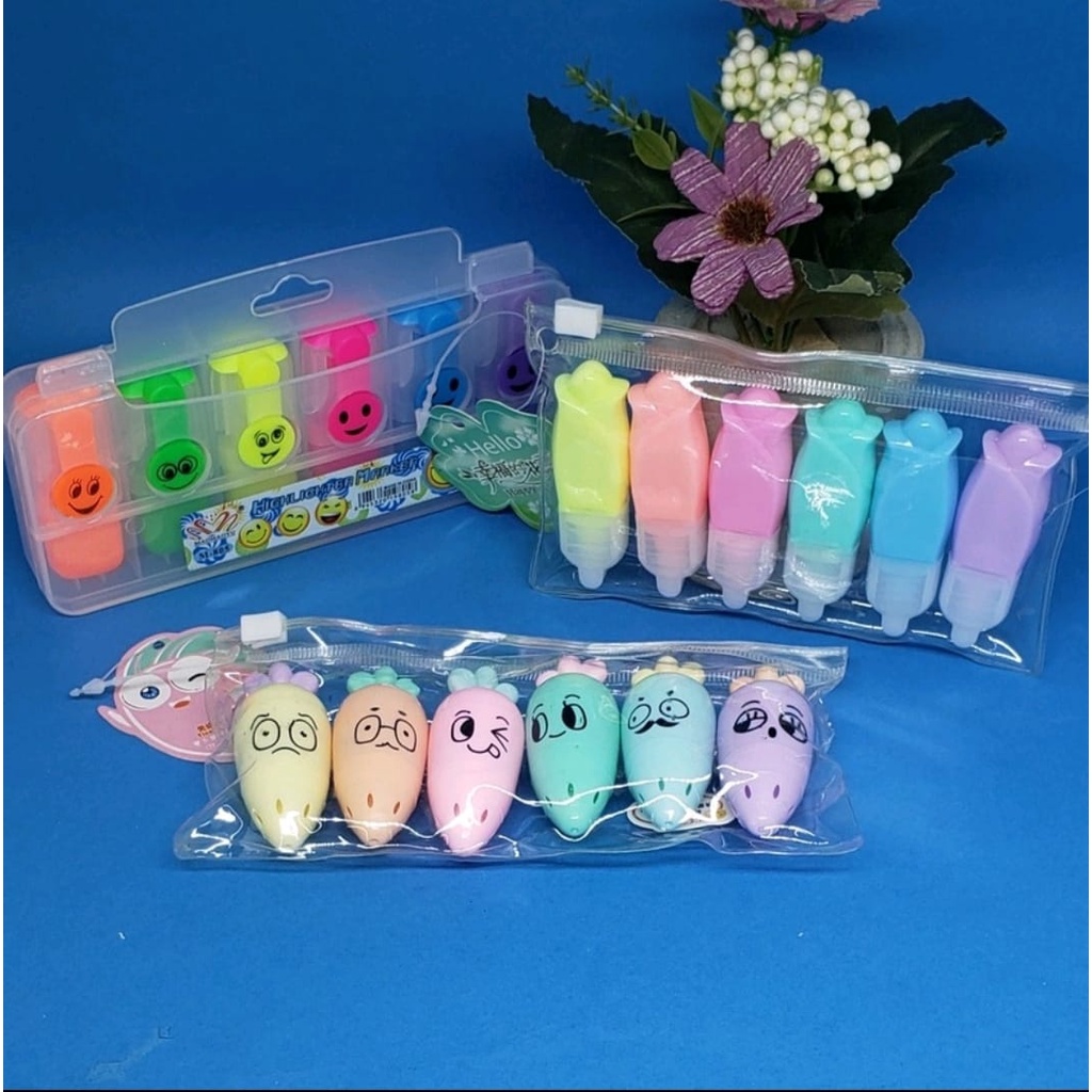 Mini Marca Texto Fofos Cenoura -Tulipa Flor - Carinhas Emoji - Pêra - Monstrinho - Kit 6 unidades
