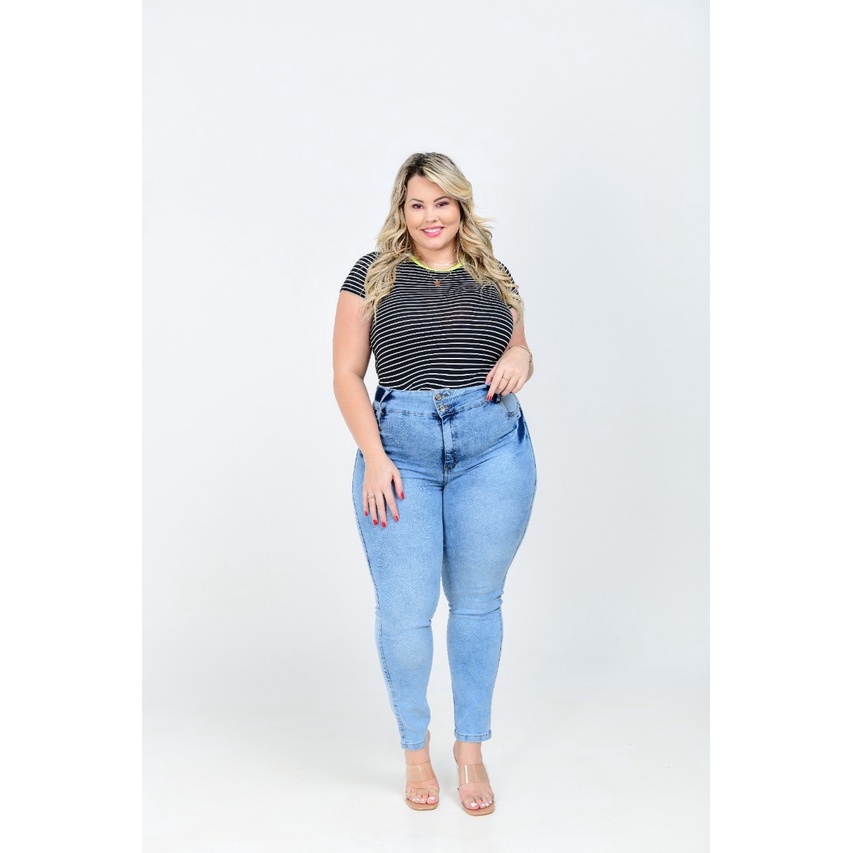 calcas femininas jeans plus size cintura alta com lycra dois botões skinny