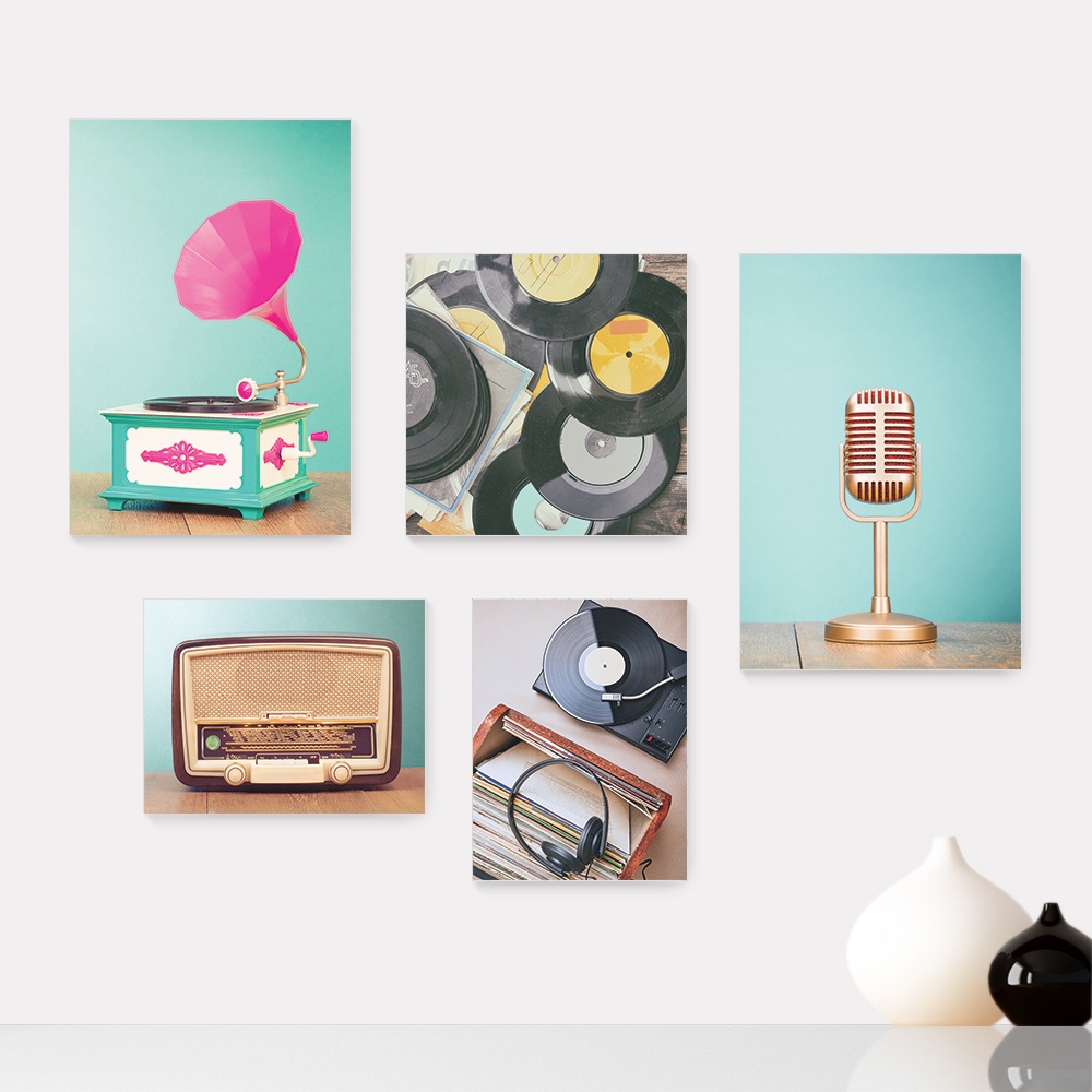 Kit 5 Quadros Decorativos Placas - Rádio - Vitrola - Microfone - Vinil - Vintage Casa Quarto Sala - 171ktpl5