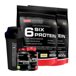 KIT 2x 6 Six Protein 900g, Thermo Start 120g Limão, 6 Six Lipo Black 120 Cáps, Coqueteleira - Bodybuiders