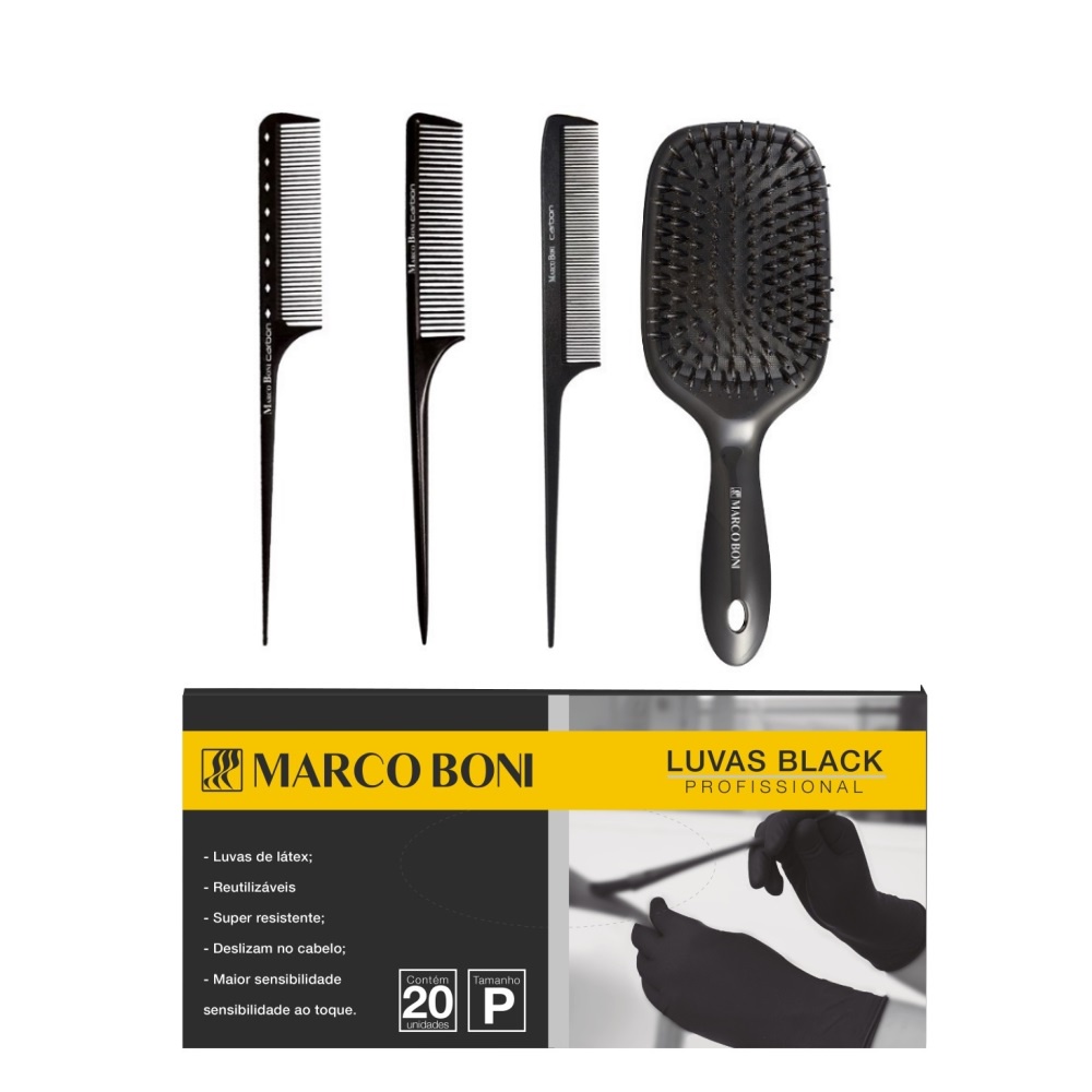 KIT 3 PENTES CARBONO PROFISSIONAIS 01 ESCOVA RAQUETE  20UN LUVA BLACK P MARCO BONI