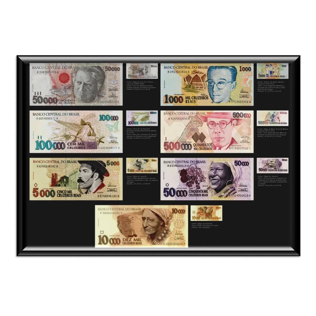 Quadro Expositor Porta Coleção cédulas Antigas Cruzeiro Real Baiana Gaucho Rendeira