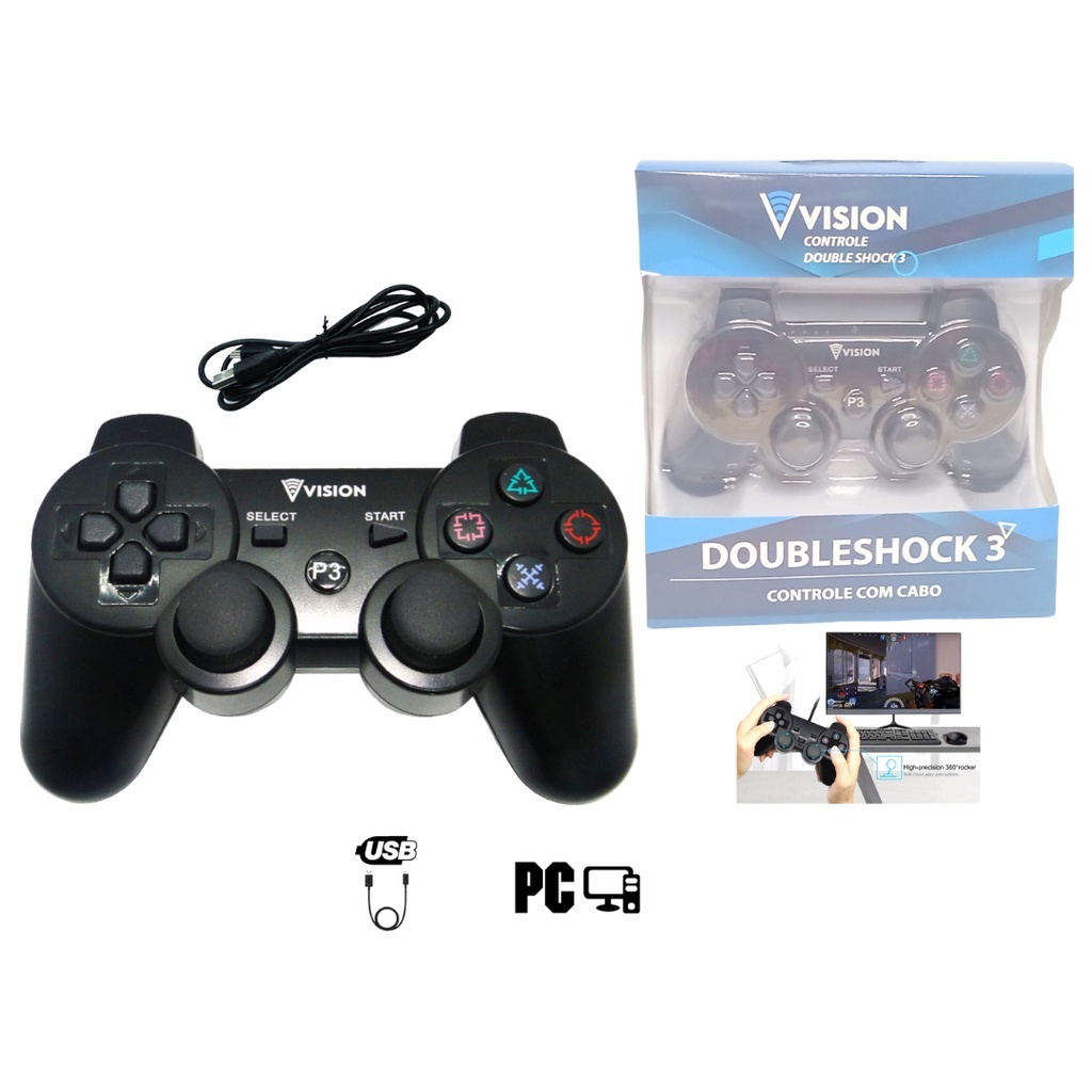 Controle com cabo Para Ps3 e Pc, Controle DOUBLESHOCK 3 cabo usb 1,5M Ps3/PC