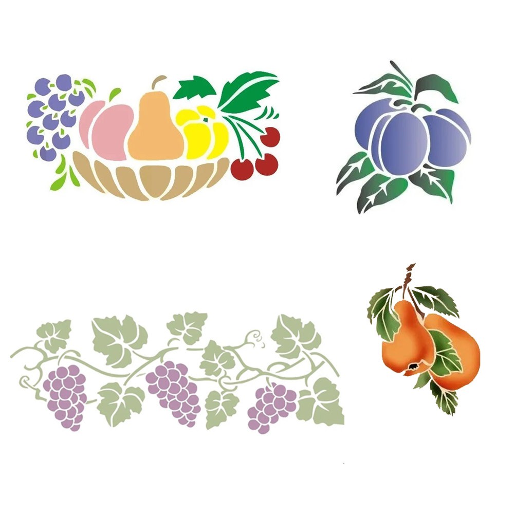 Stencil Frutas uvas ameixas cajus cesta Kit 4 Moldes Vazados 15 cm cada em Oferta na Shopee